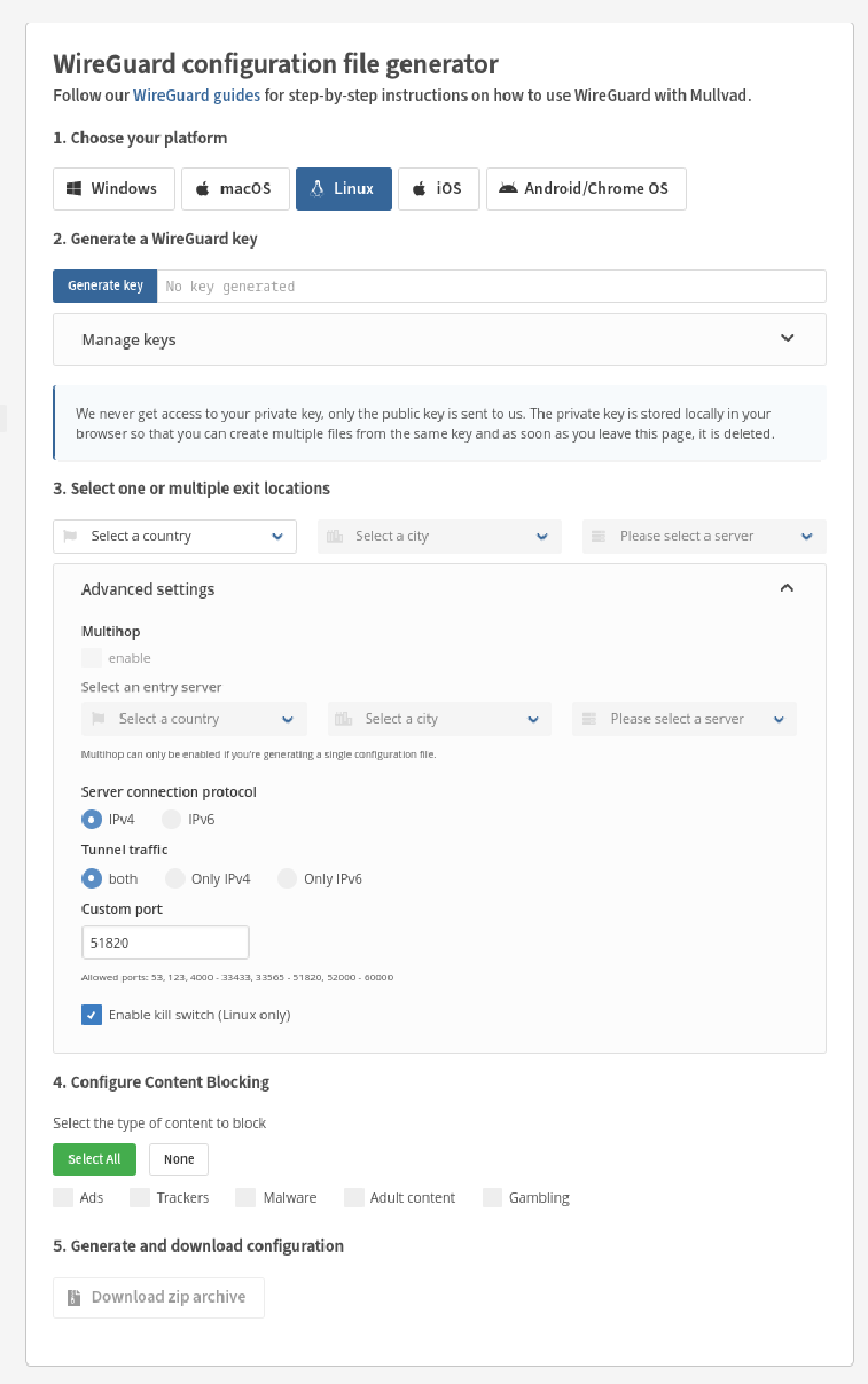 Mullvad WireGuard configuration generation webpage